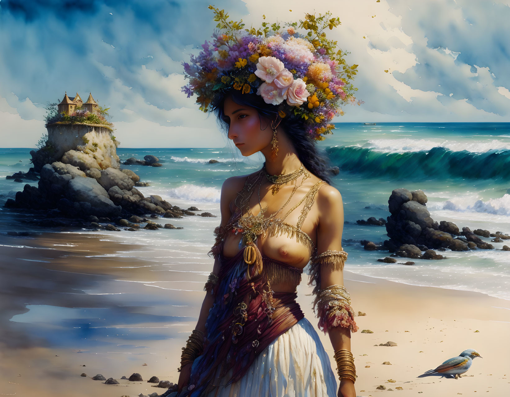 Woman in intricate floral headdress and ornate dress on beach with castle and waves.