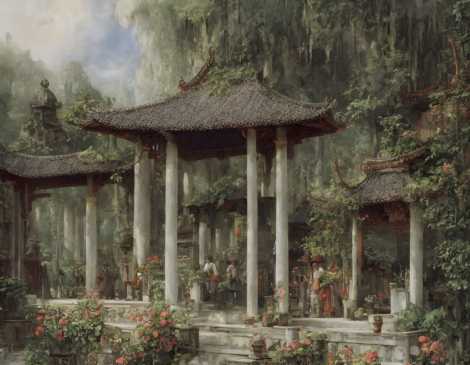 Ancient Asian temple in lush greenery with tiled pavilions and red flowers