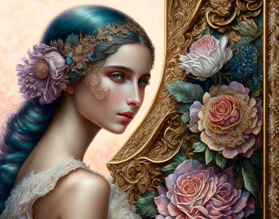 Blue-haired woman with floral headpiece next to ornate golden mirror frame with roses