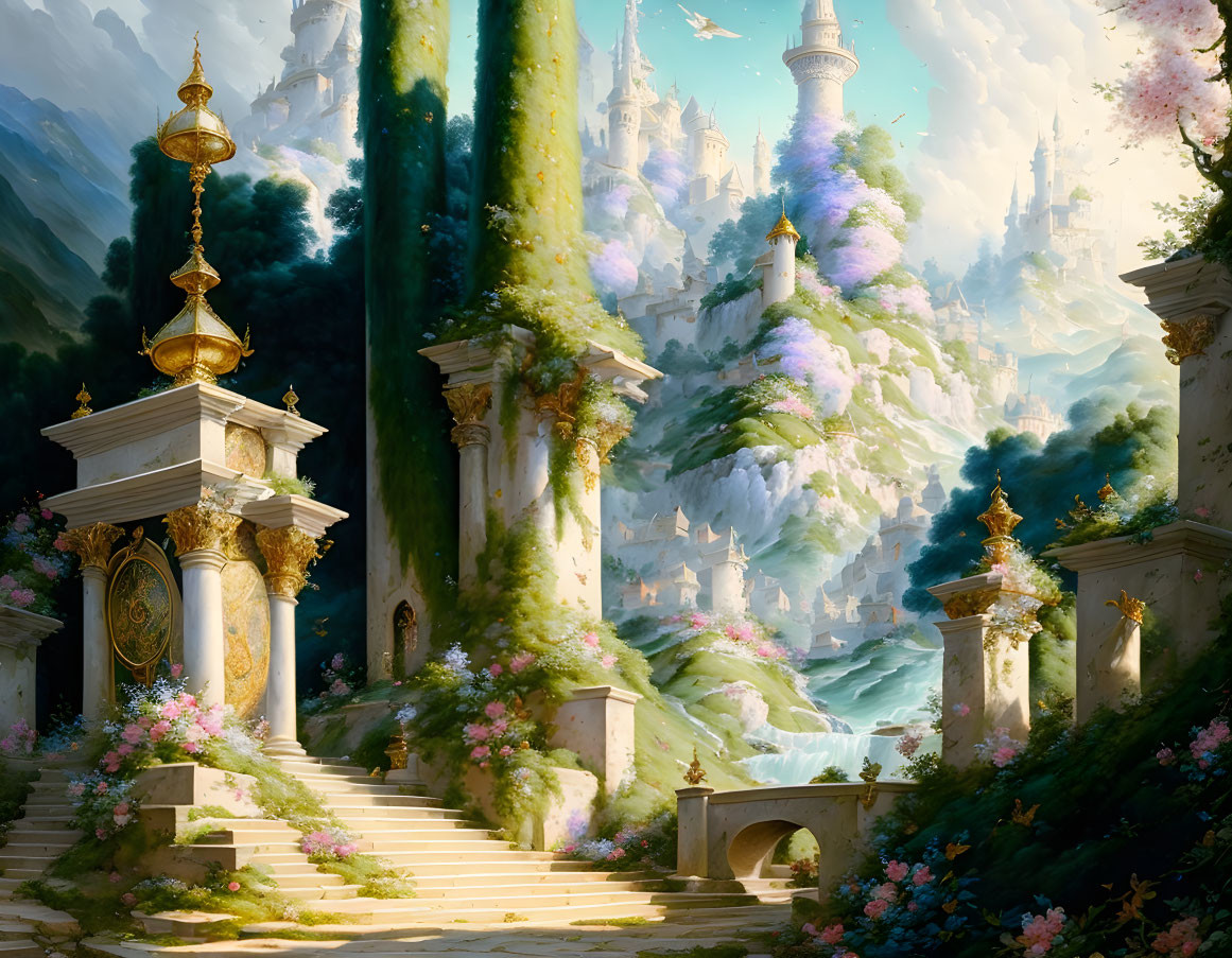 Majestic castle in fantastical landscape with ruins, waterfall, and towering trees