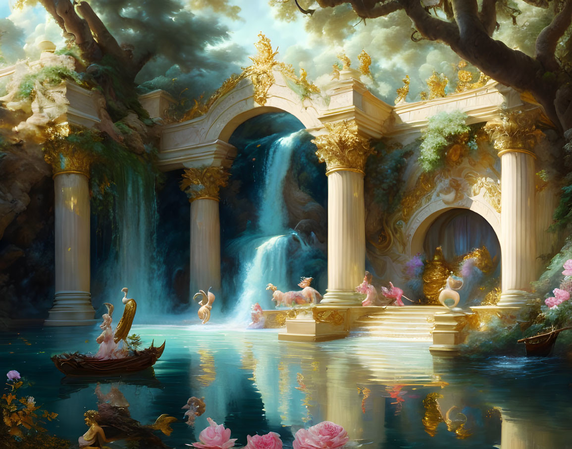 Enchanting garden with marble arches, golden accents, waterfalls, lake, vibrant flowers,