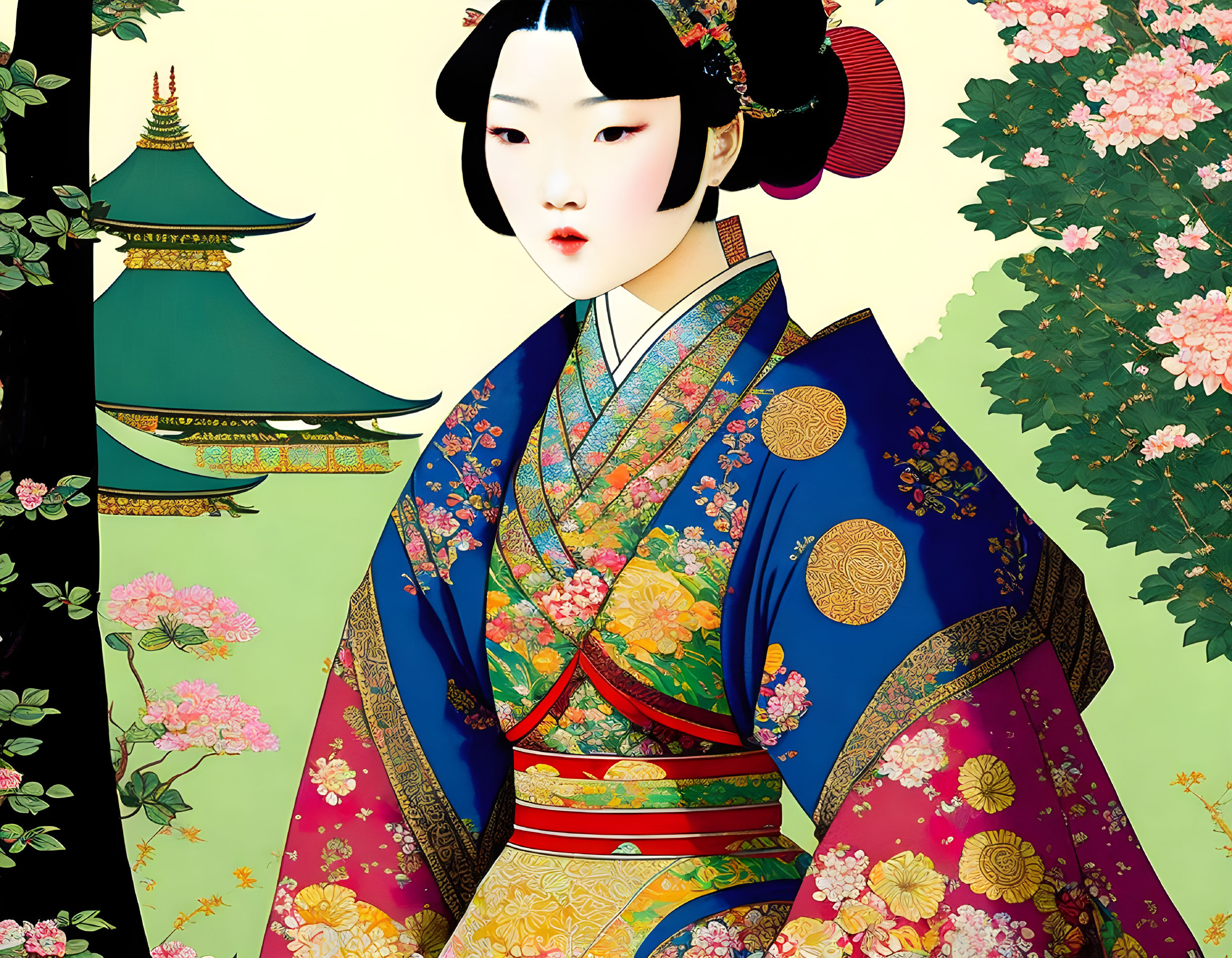 Japanese woman in kimono with pagoda and cherry blossoms