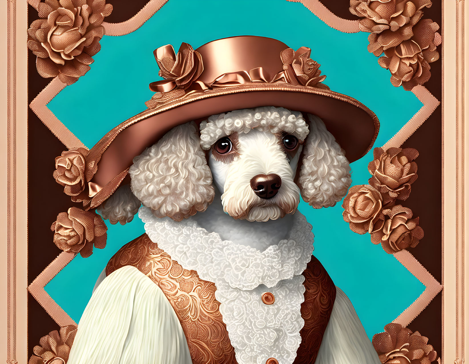 Poodle Portrait in Human-Like Attire on Teal Background