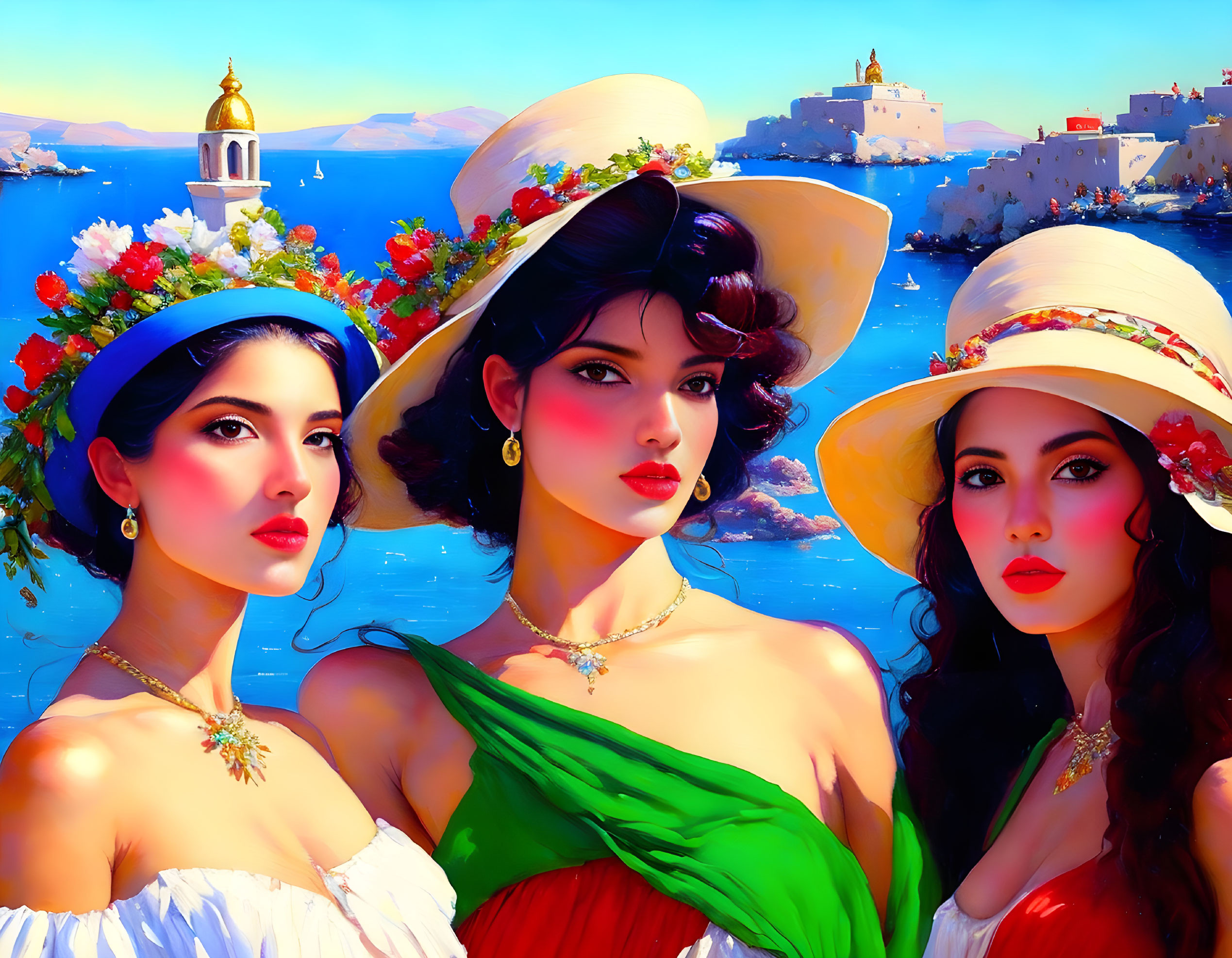 Three Women in Vibrant Mediterranean Attire with Sun Hats by Coastal Village