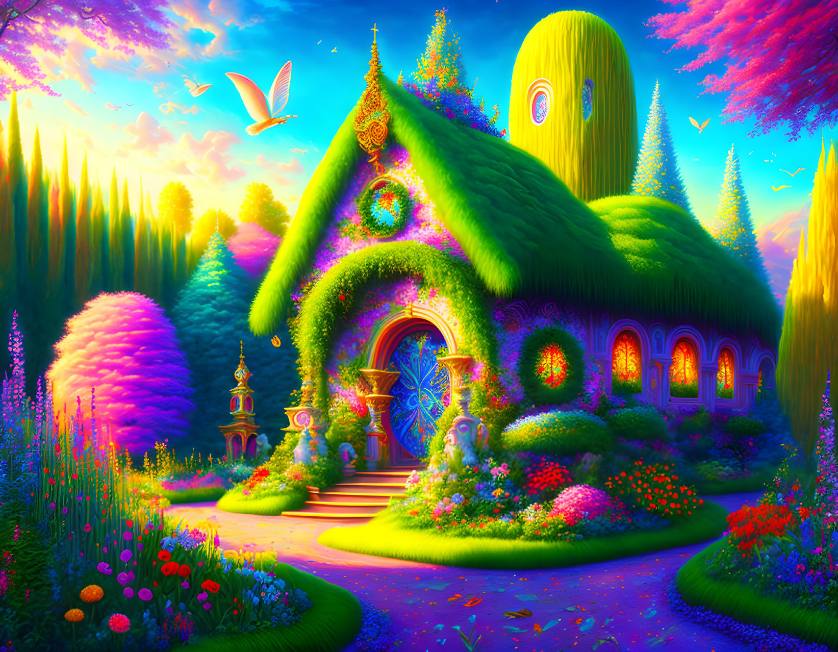 Fantasy cottage with lush gardens and magical light featuring butterfly and whimsical trees.