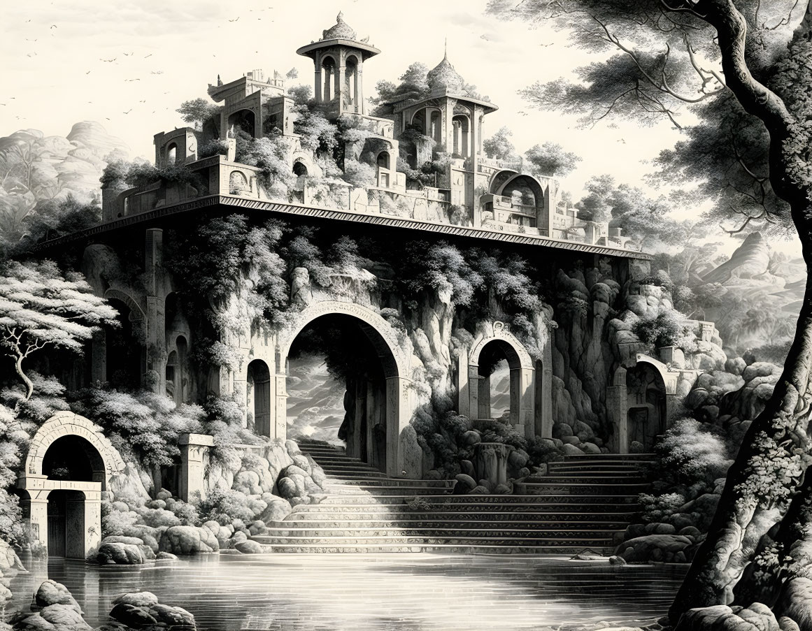 Detailed black and white illustration of ancient palace amidst rocky terrain with stairs and lush trees.