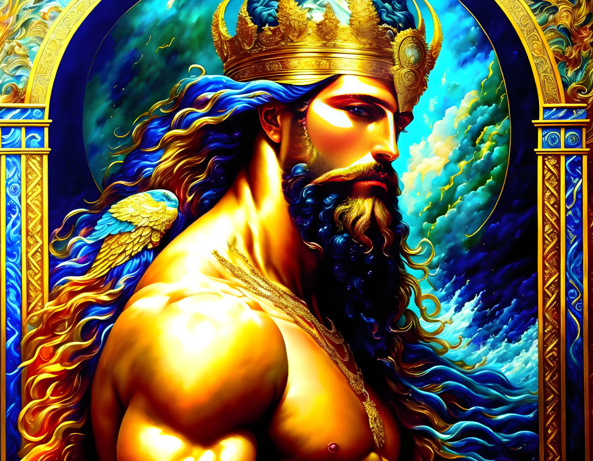 Regal character with crown and beard on vibrant blue background