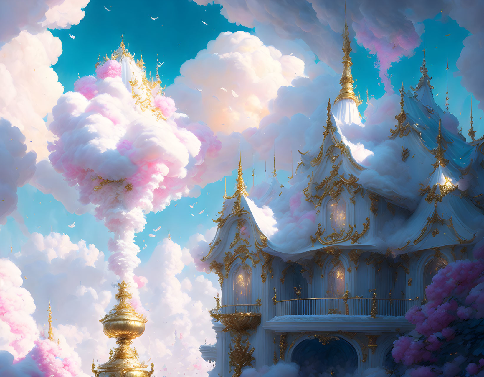 Fantastical sky with pink clouds and golden temples.