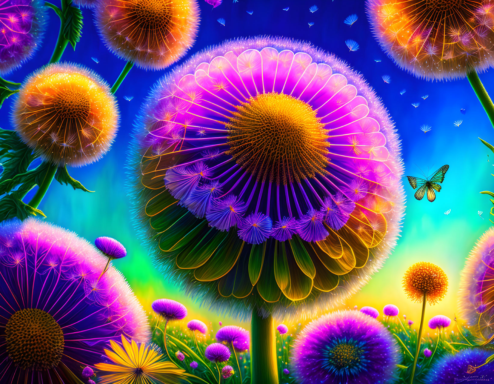 Whimsical garden with oversized dandelions and butterflies in vibrant digital art