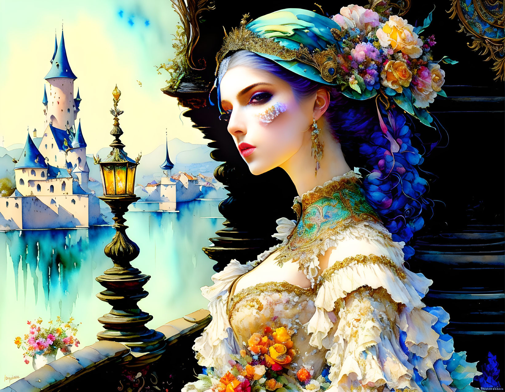 Regal woman in renaissance attire with castle backdrop.