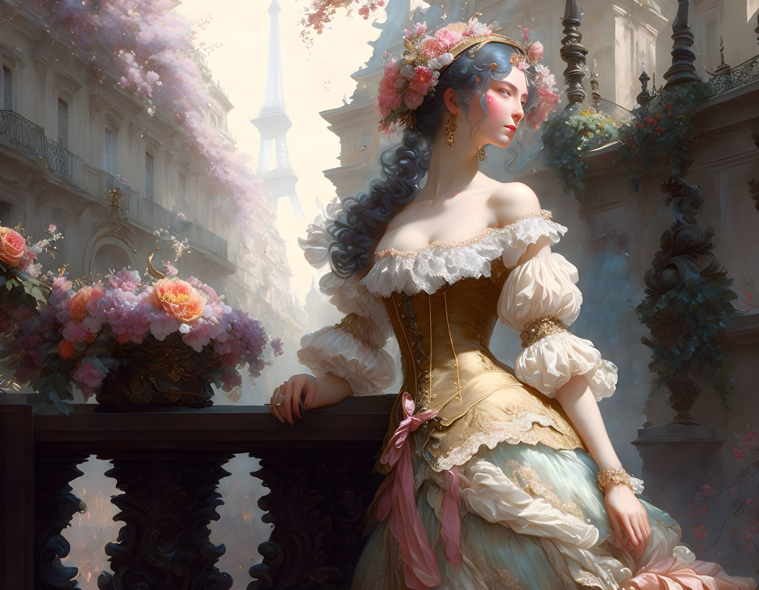 Historical woman on balcony with flowers and Eiffel Tower in background