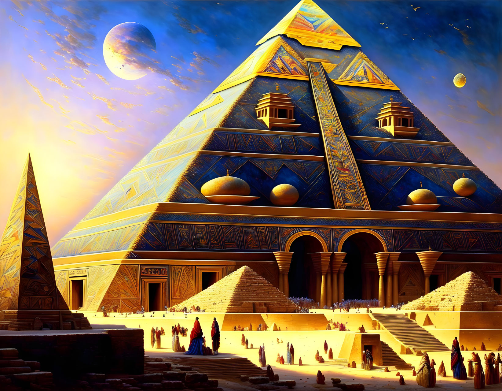 Elaborate futuristic Egyptian pyramids at dusk with moon, planets, and traditional attire people