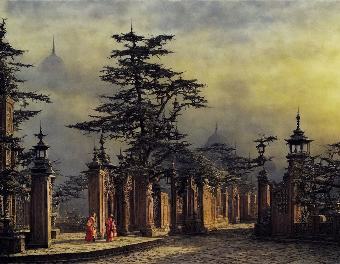 Misty old-world courtyard with figures in red robes and evergreen trees