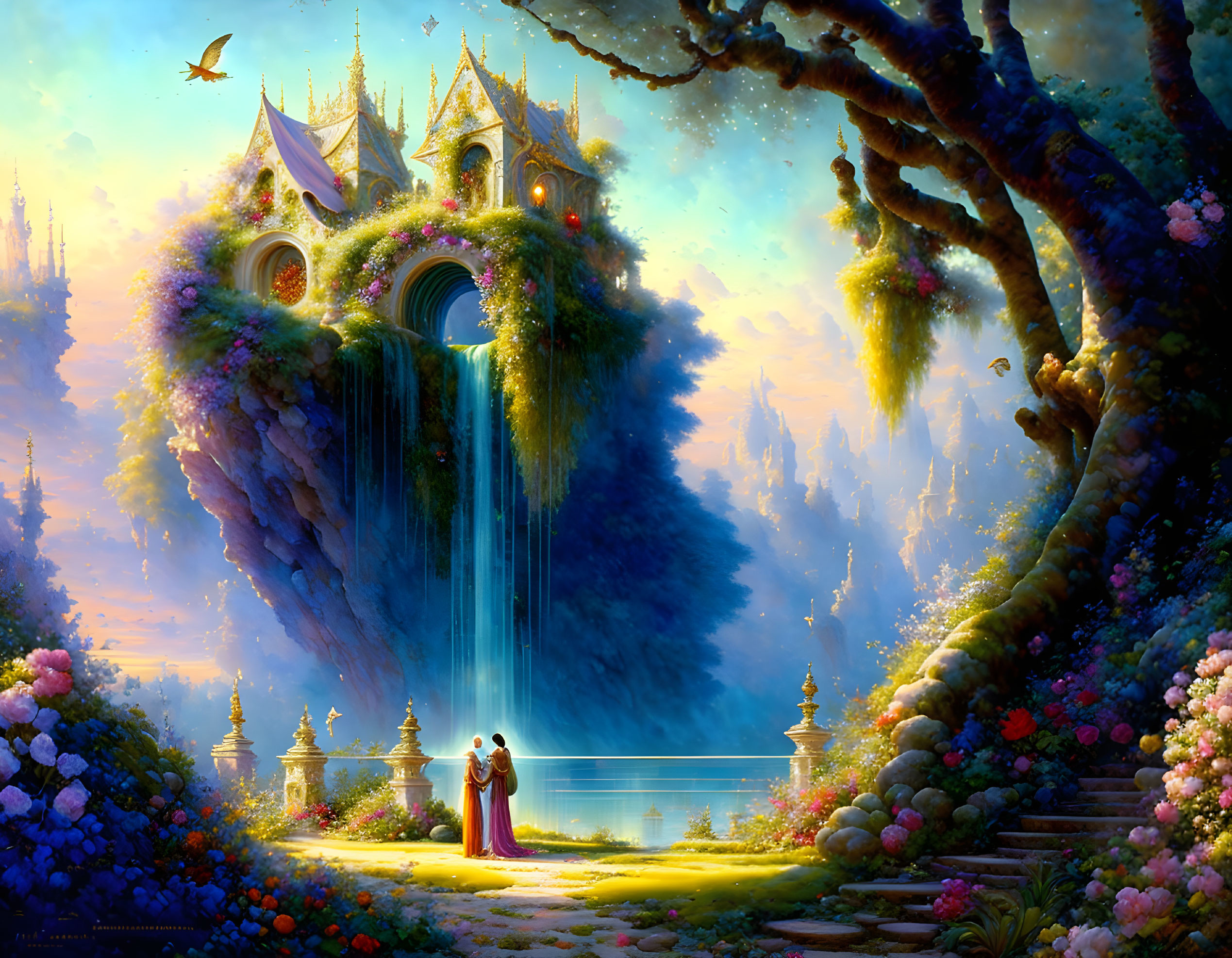 Fantasy landscape with waterfall castle, couple by lake, vibrant flowers, enchanting tree, luminous