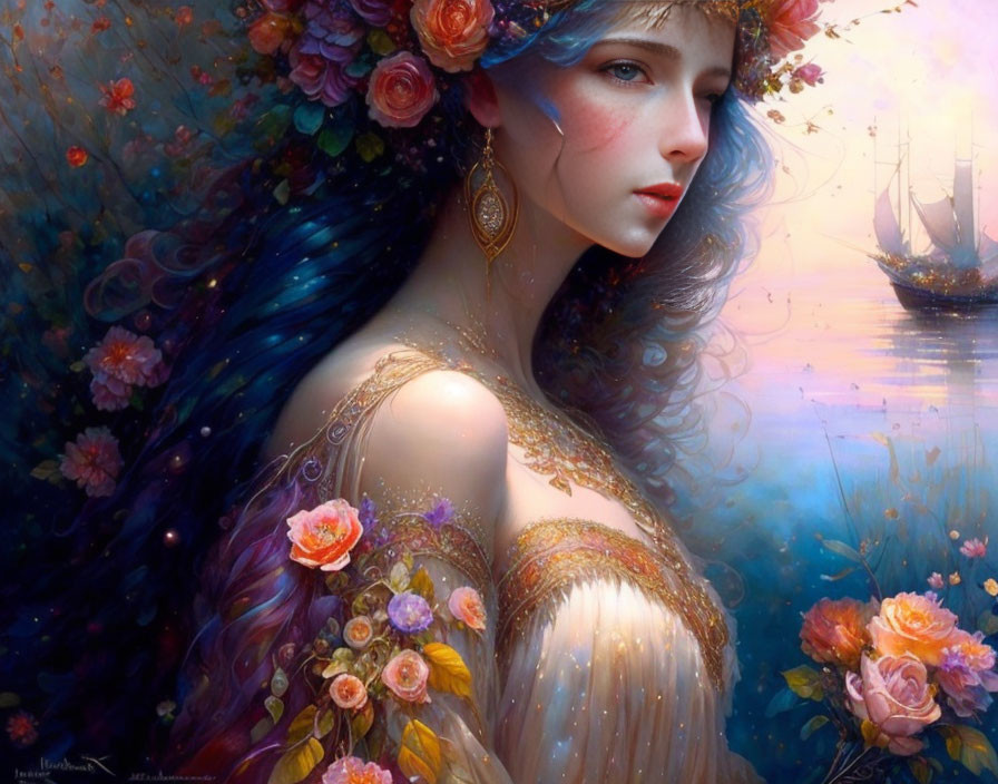 Fantasy artwork of woman with blue hair, golden dress, surrounded by water and ships