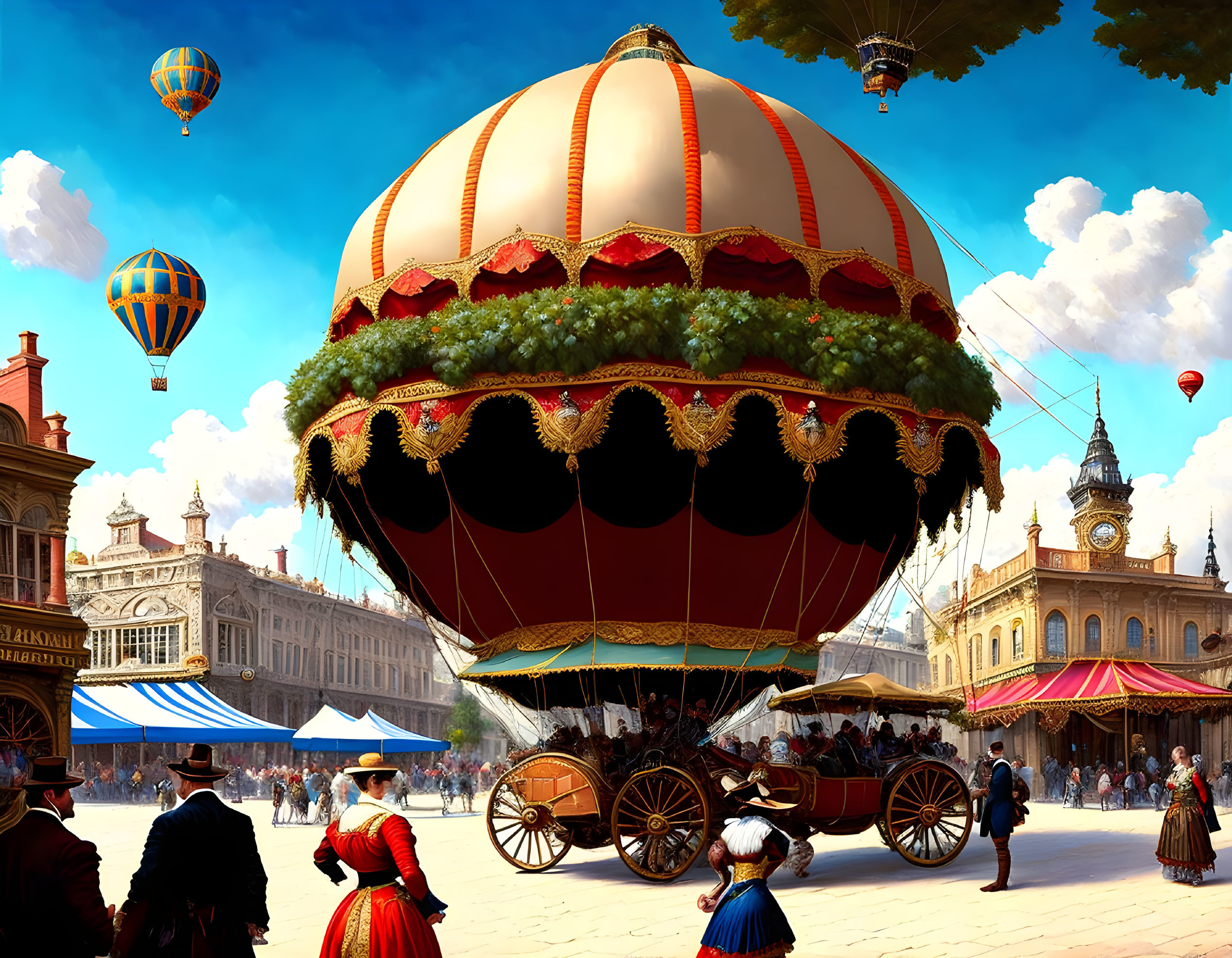 Historic town square with period attire, hot air balloons, and horse-drawn carriage