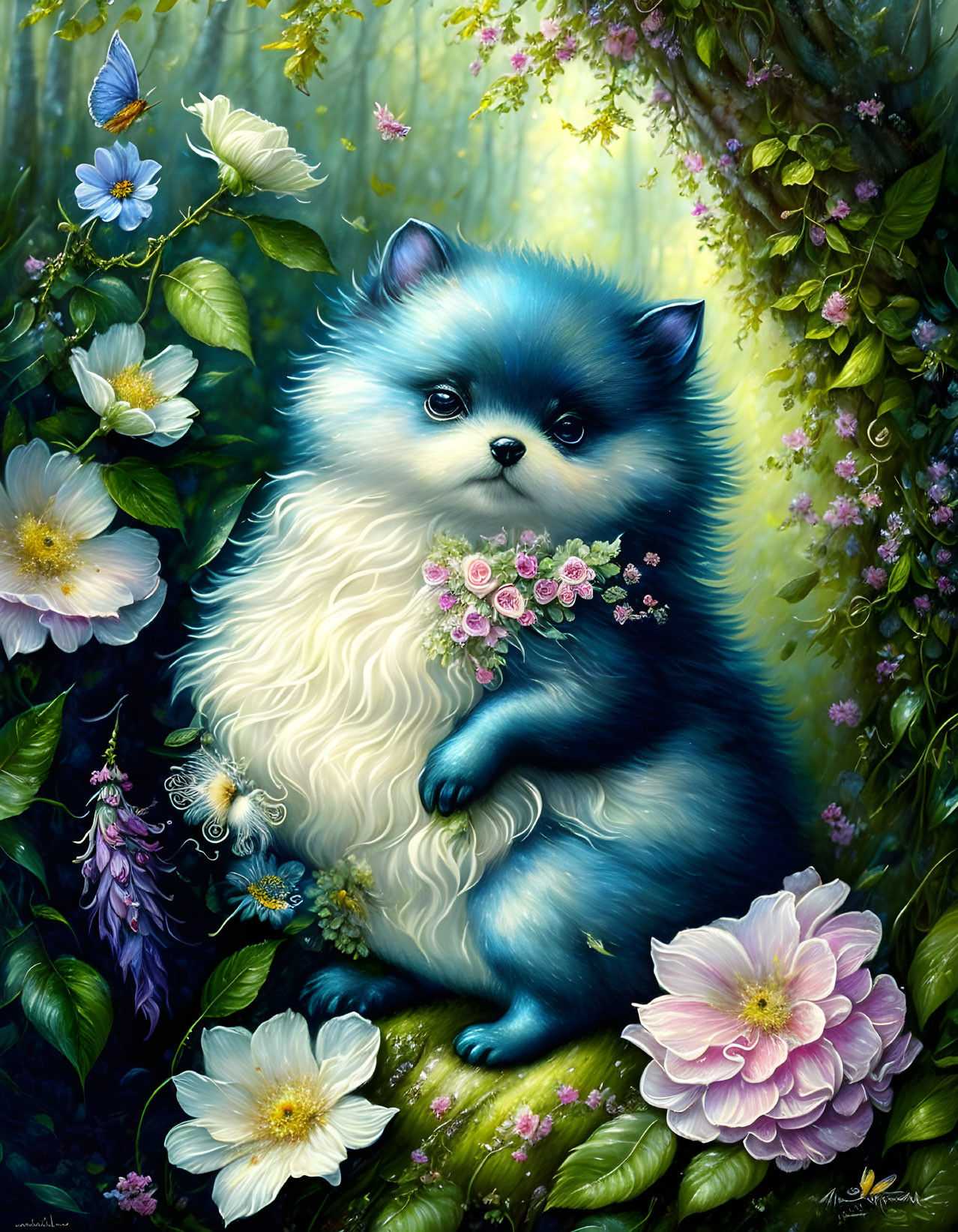 Fluffy blue and white creature with pink flowers in lush garden