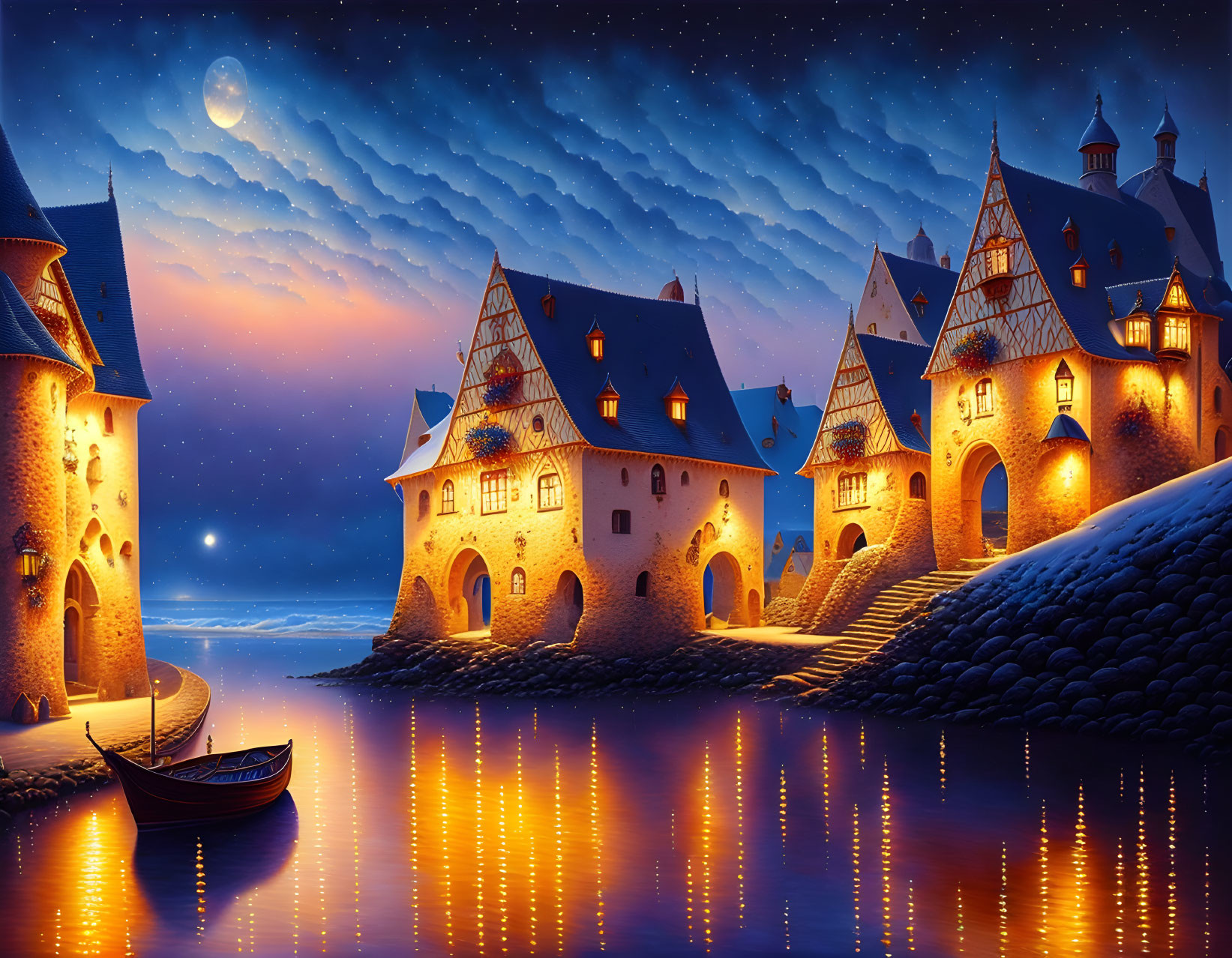 Tranquil night landscape with illuminated castles, calm river, full moon, and lone boat