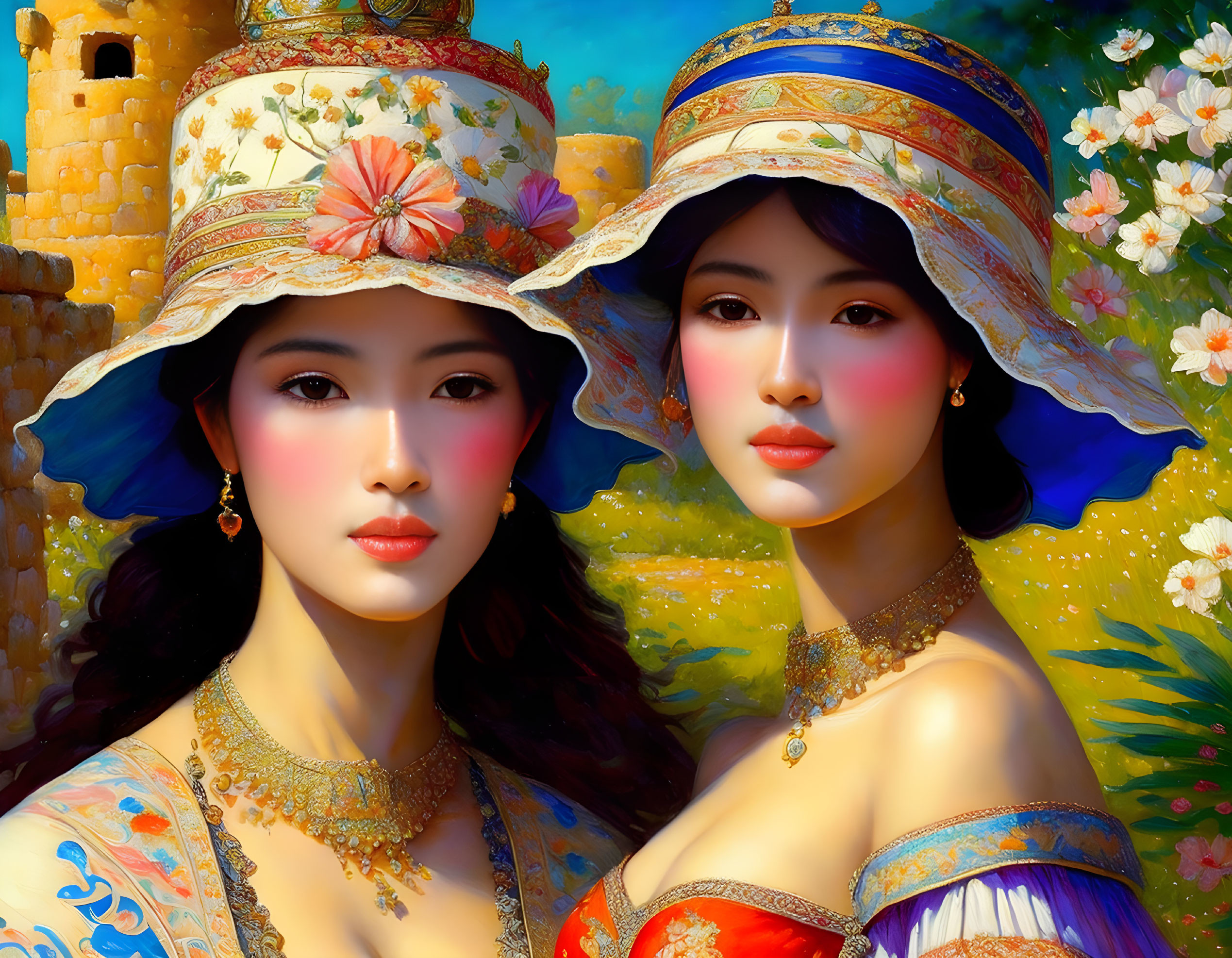 Two women in colorful attire and wide-brimmed hats at sunlit castle with vibrant flowers.