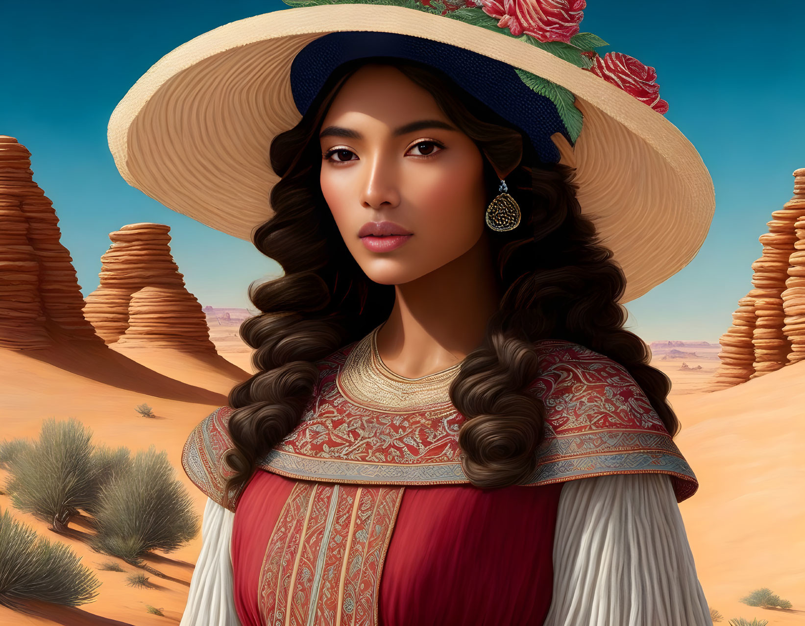 Digital artwork of woman in traditional dress with wide-brimmed hat and desert backdrop.