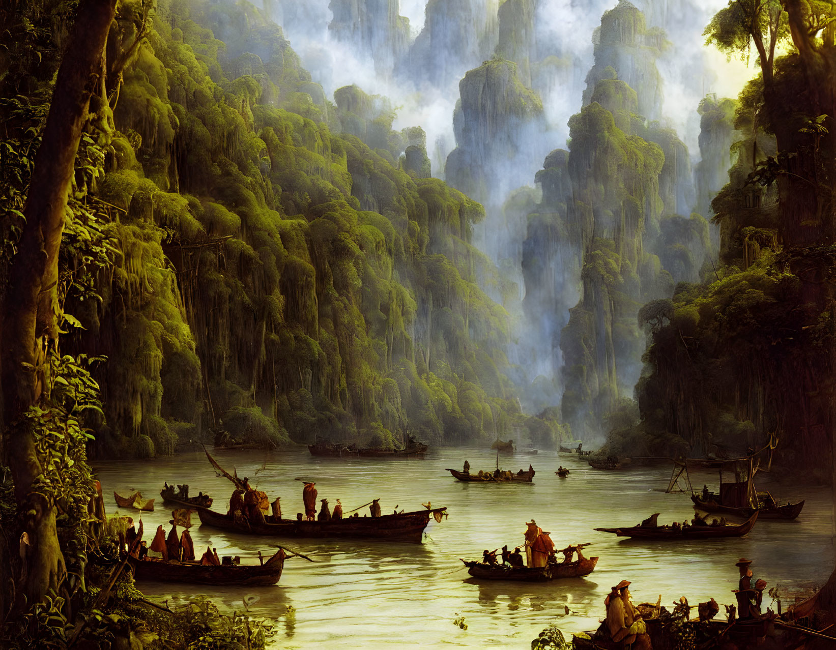 Tranquil river with boats, passengers, greenery, and misty cliffs