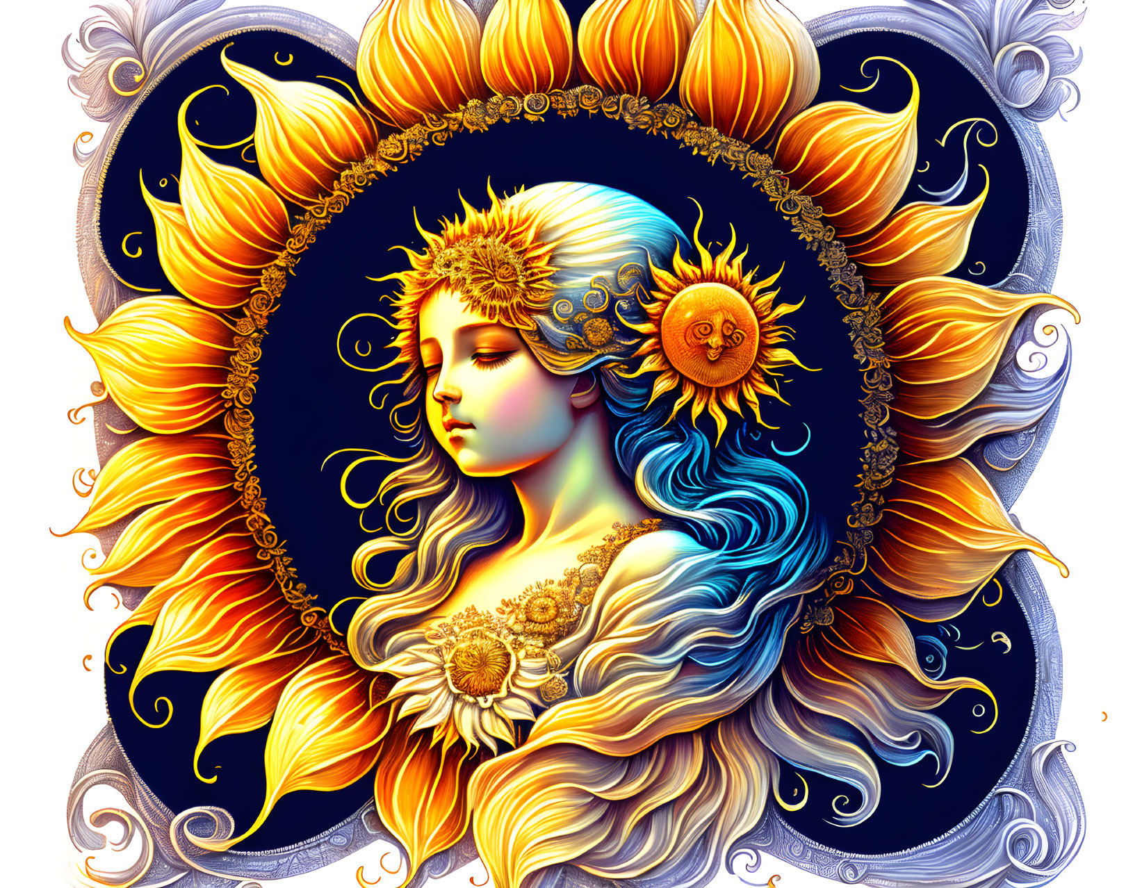 Colorful artwork featuring woman with golden hair and sunflowers.