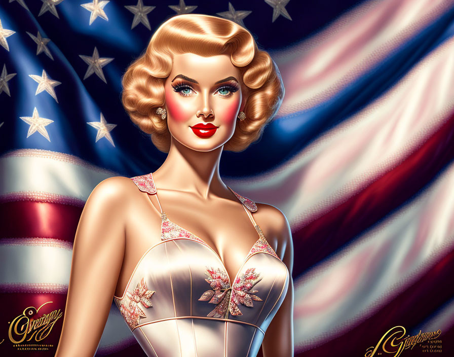 Vintage-style Blonde Woman in Floral Dress on American Flag Background