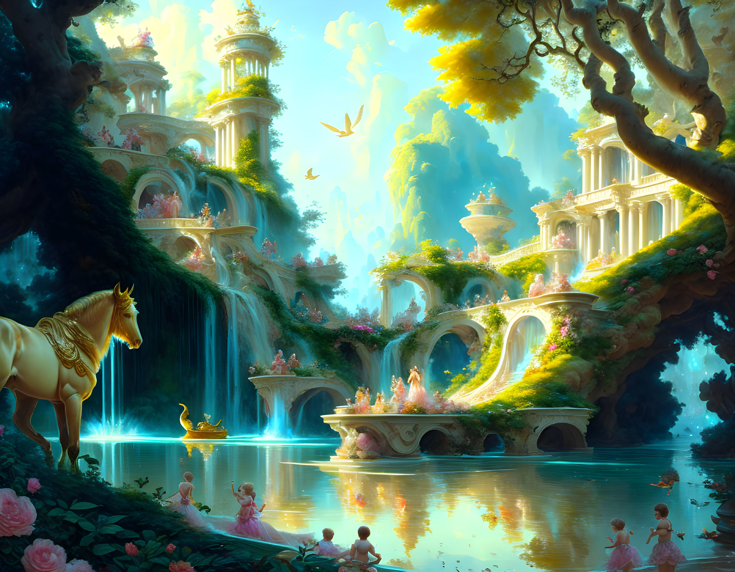 Fantastical landscape with palace, unicorn, figures, waterfalls, and serene lake