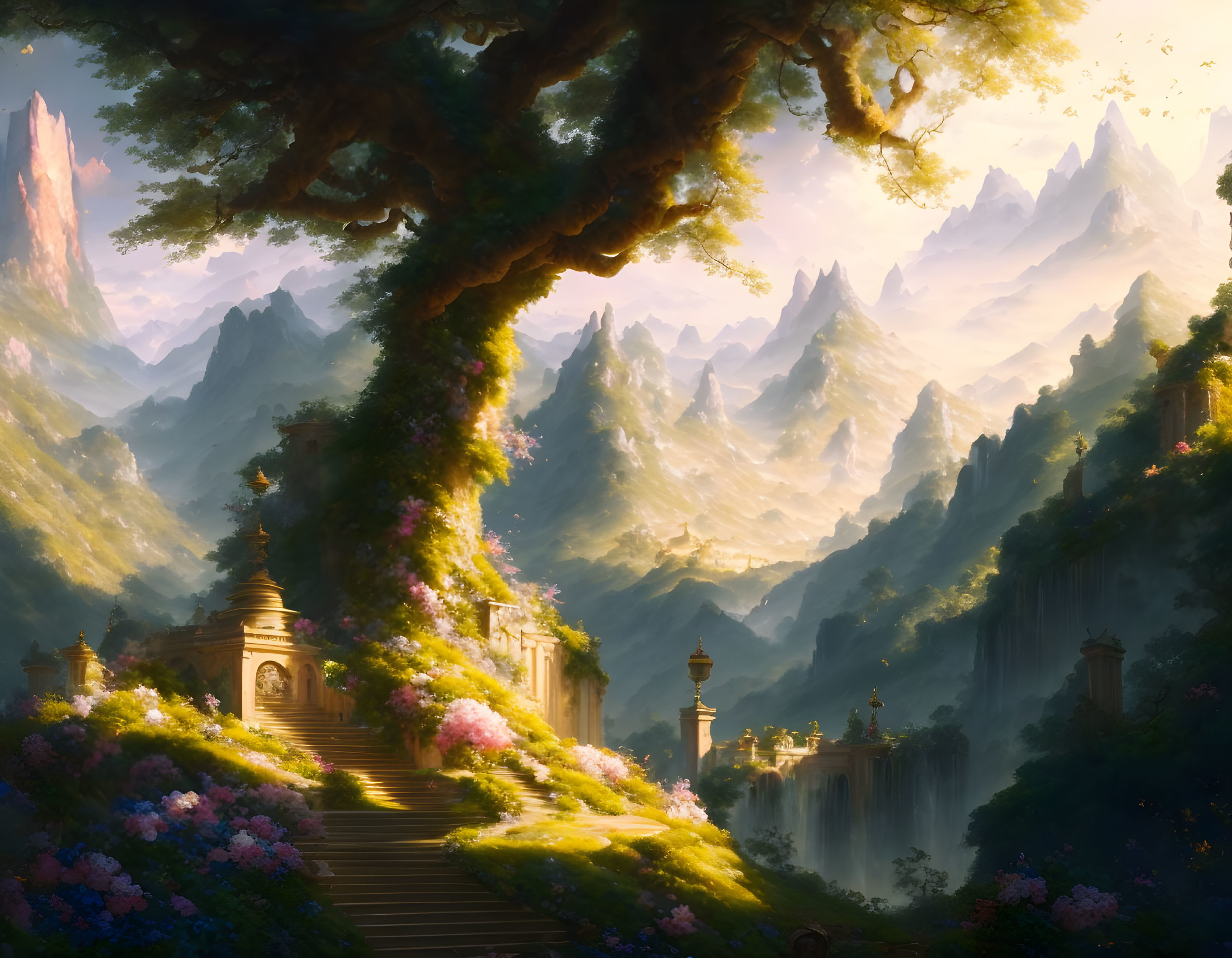 Mystical landscape with grand tree, flowers, stairway, lanterns, mountains, and waterfall