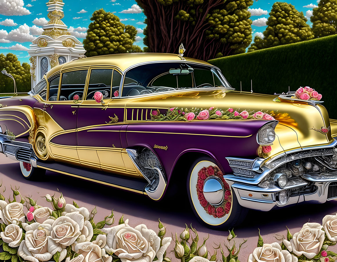 Purple and Gold Classic Car with Chrome Details and Roses in Scenic Landscape