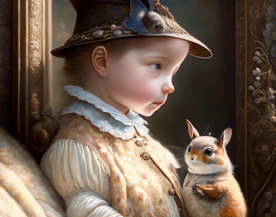 Child and chipmunk in vintage attire with hats in realistic painting style