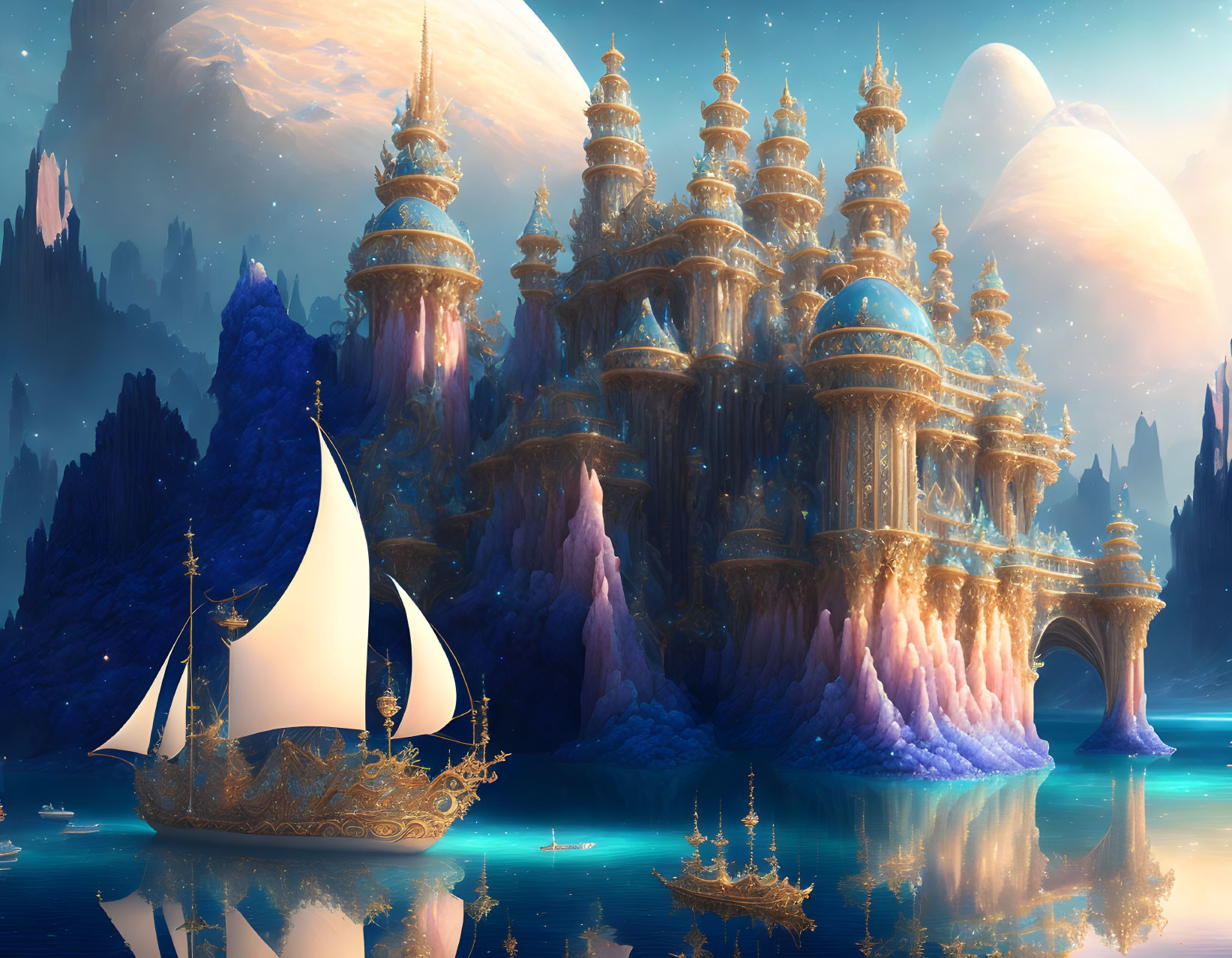 Majestic golden castle in fantasy landscape with pink crystals, sailboat, and large moons