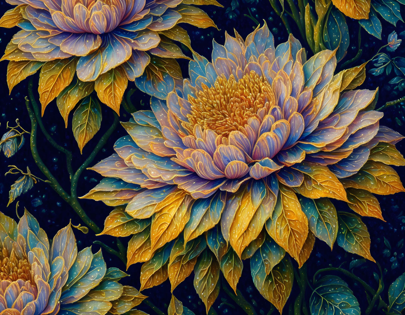 Colorful digital artwork featuring large golden and blue flowers on a dark, leafy backdrop