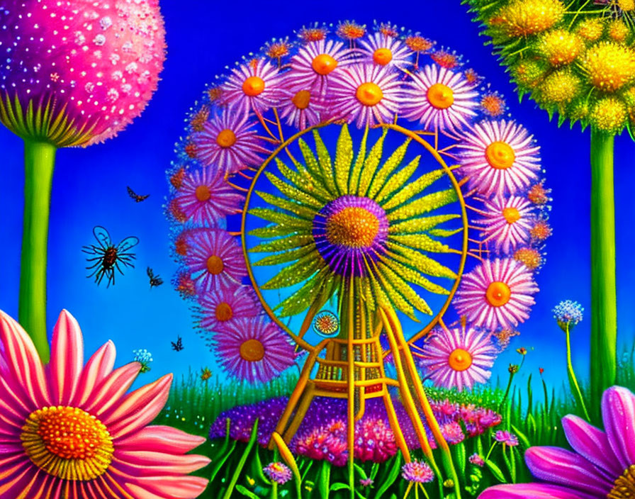 Colorful Flower Ferris Wheel Painting in Bright Blue Sky