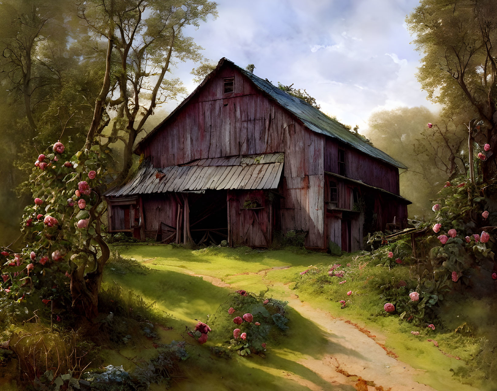 Weathered red barn surrounded by greenery and flowers under hazy sunlight