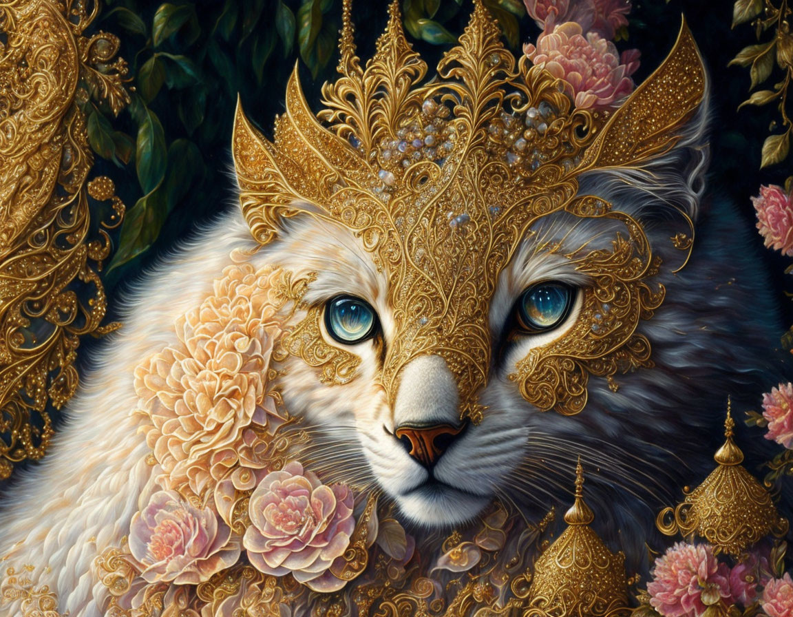 Detailed painting of blue-eyed cat with golden mask among flowers