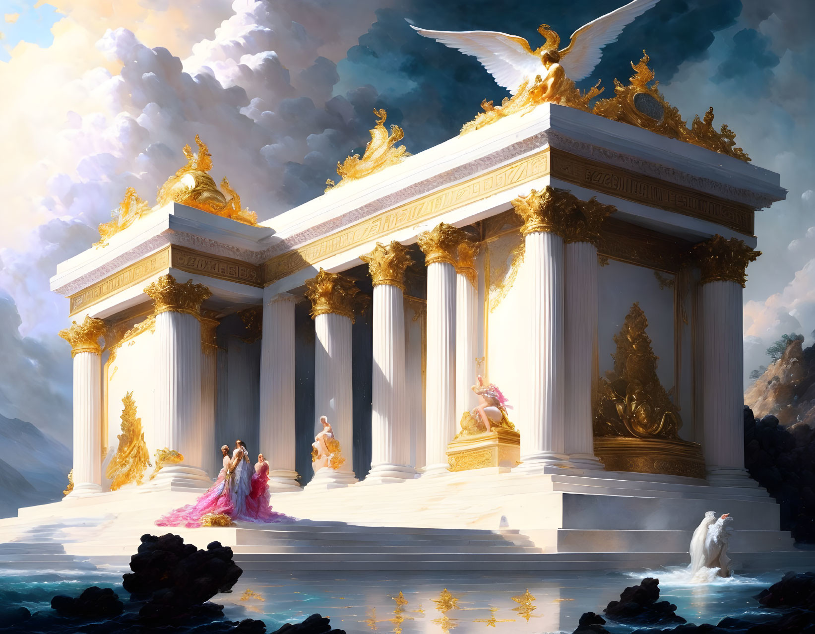 Majestic white temple with gold accents and eagle under dramatic sky