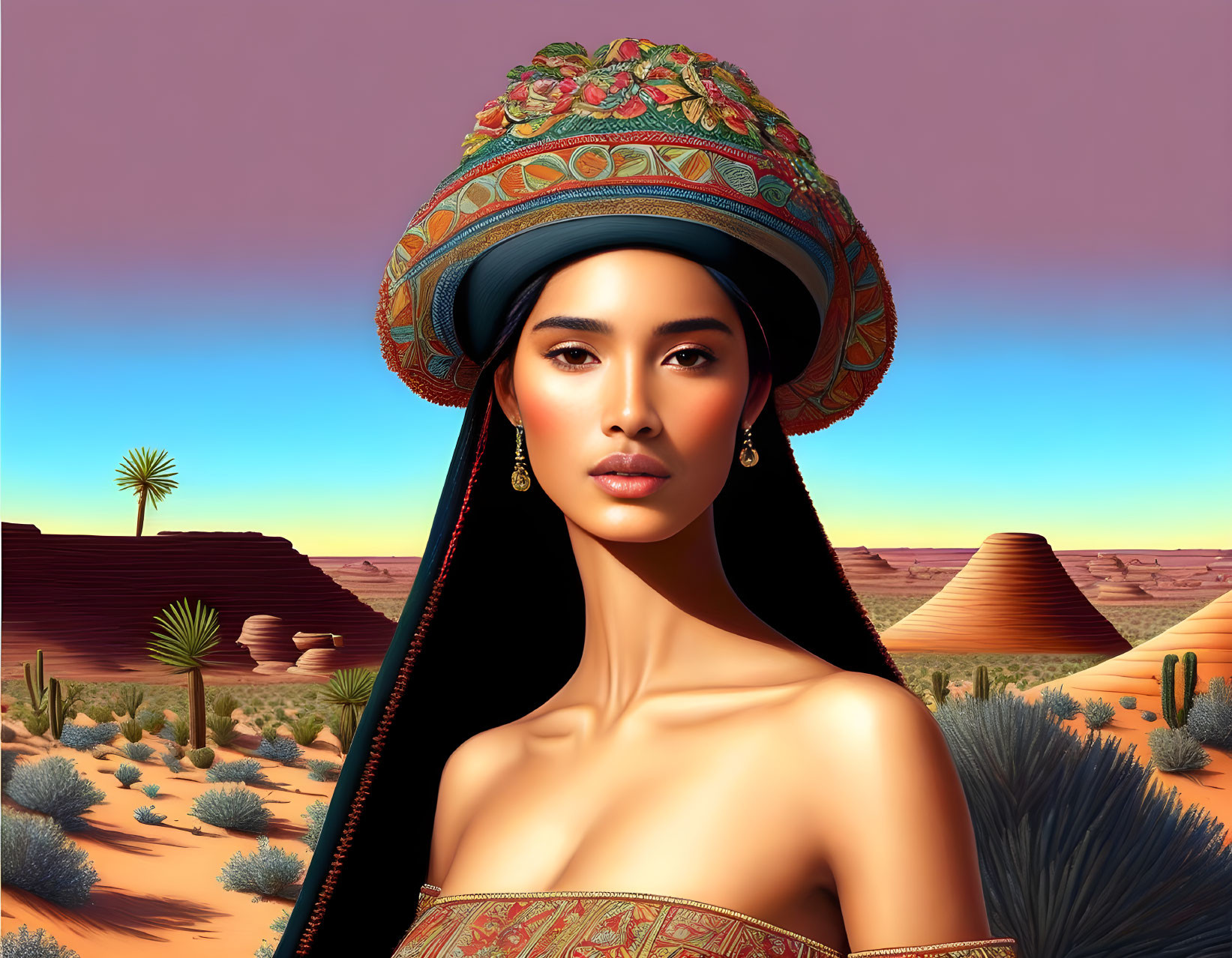 Digital artwork featuring woman in detailed hat and traditional garments, desert landscape.