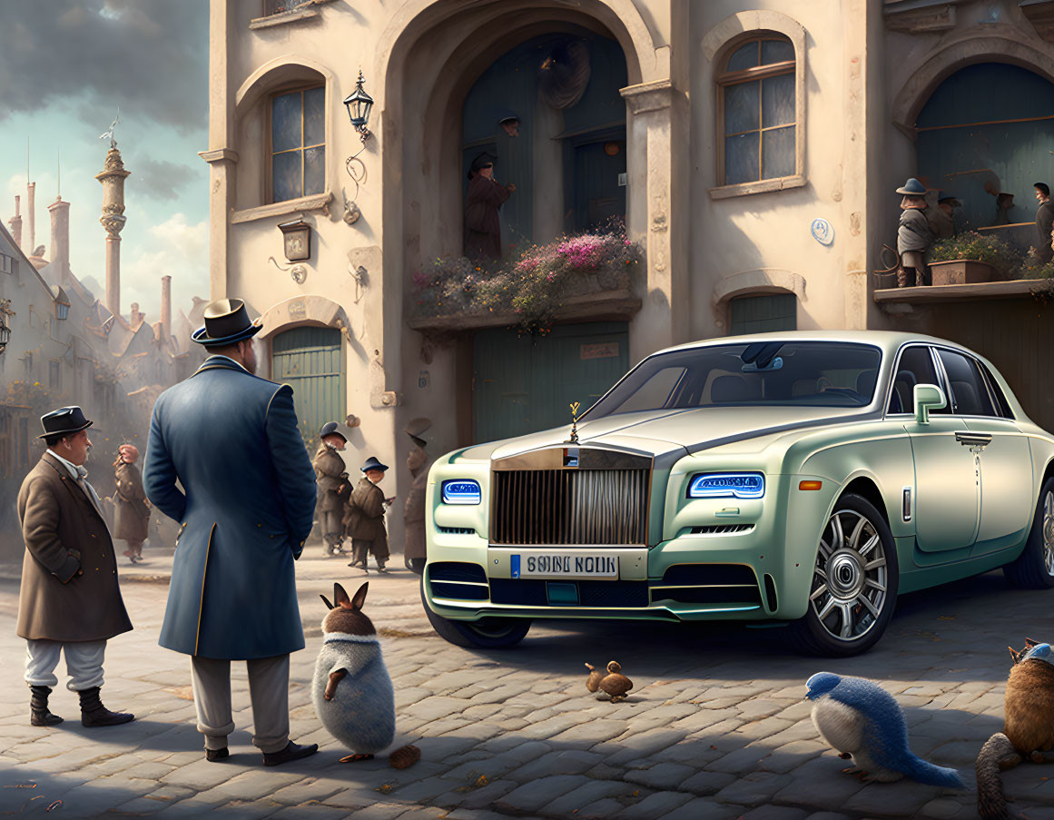 Anthropomorphic animals in vintage attire with a green Rolls-Royce