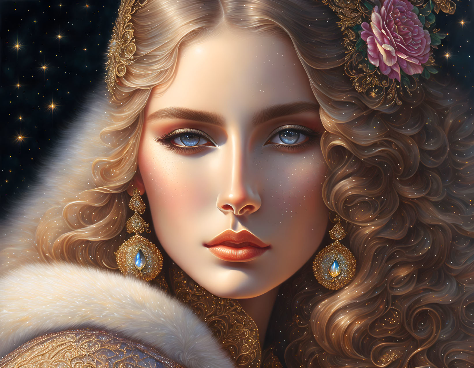 Detailed digital portrait: Woman with golden hair, blue eyes, gold jewelry, fur cloak, starry