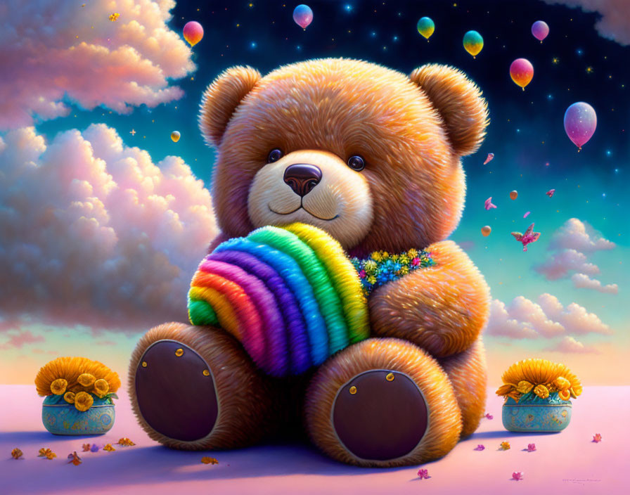 Plush teddy bear with rainbow among flowers, pink-clouded sky, balloons, and butterflies