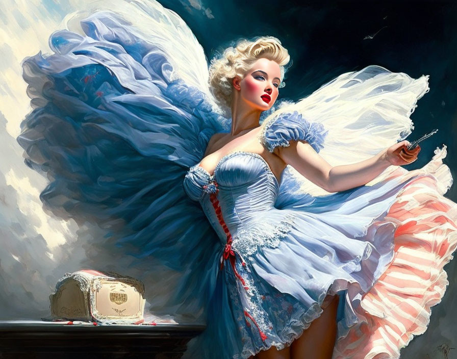 Stylized painting of woman with angelic wings in blue and pink dress