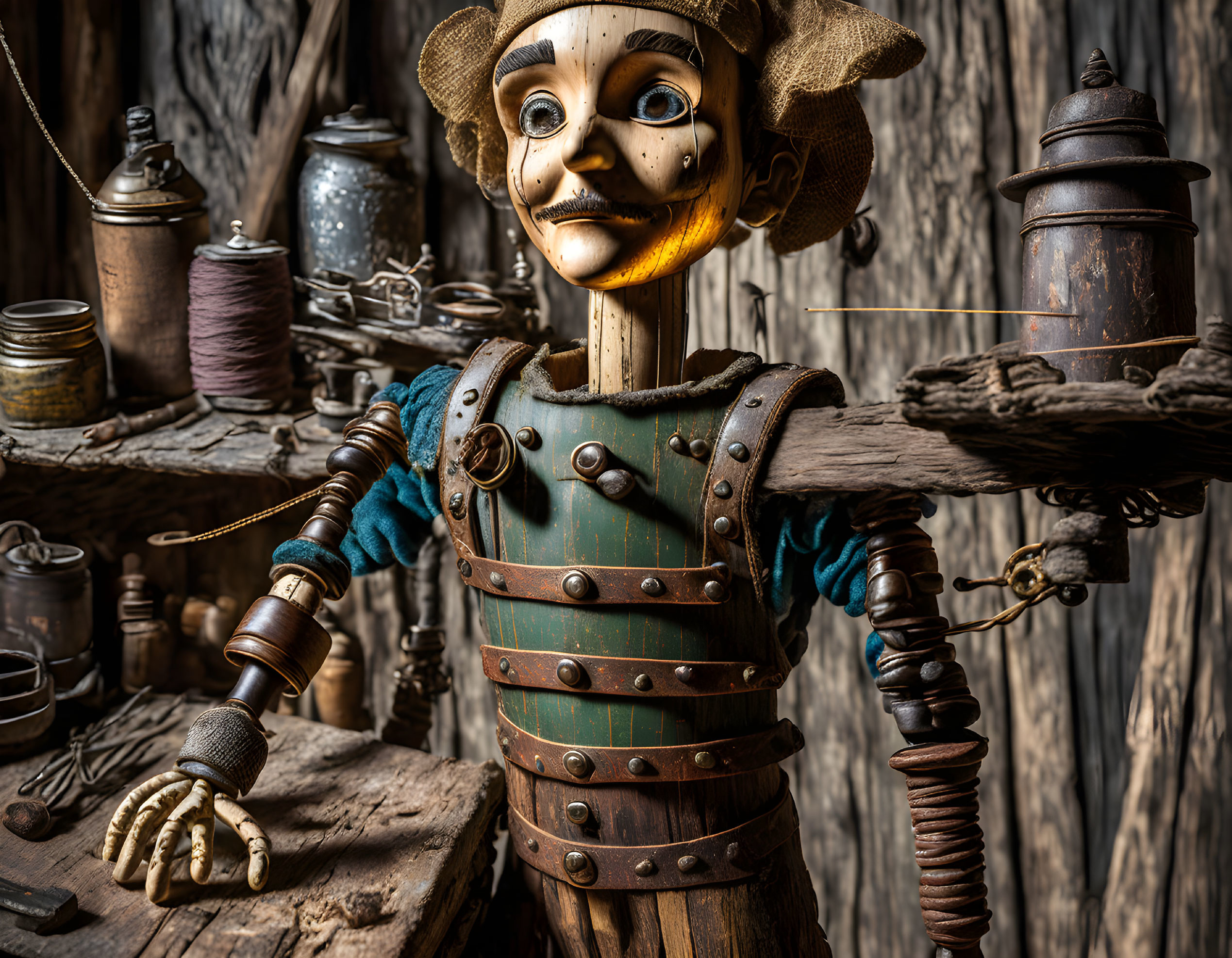 Wooden Puppet in Metal Armor Surrounded by Rustic Tools and Thread