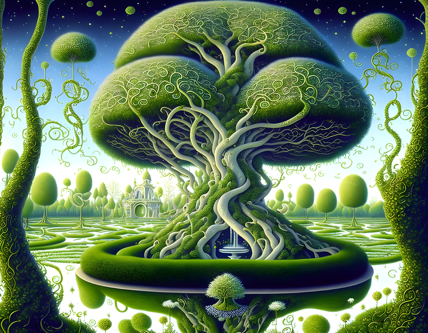 Colorful Artwork: Brain-shaped tree in whimsical landscape with floating orbs and lush greenery