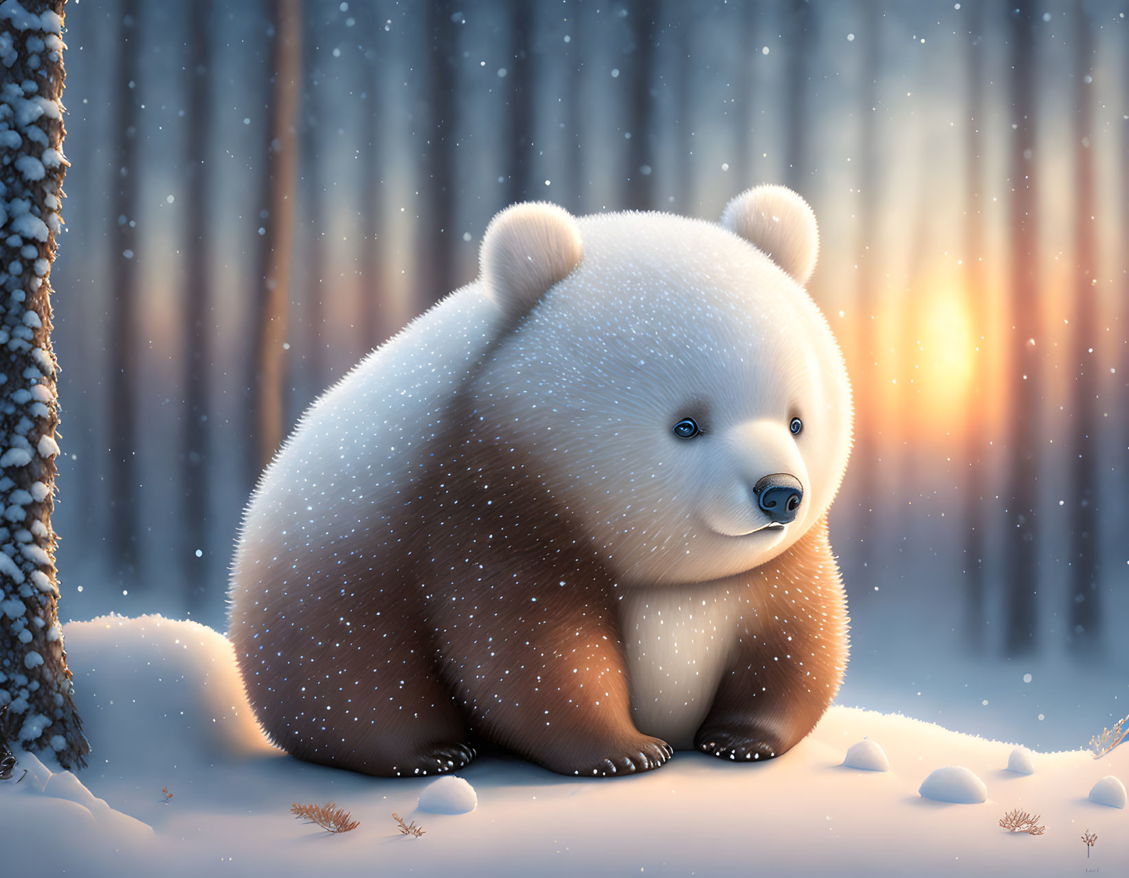 Fluffy bear in snow with forest backdrop & sunlight