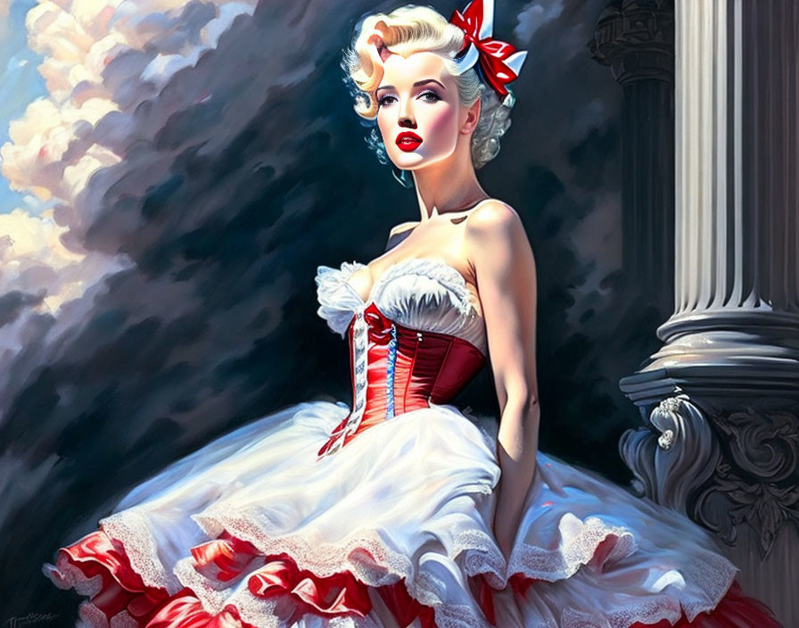 Illustrated woman in vintage white and red dress beside column under dramatic cloudy sky