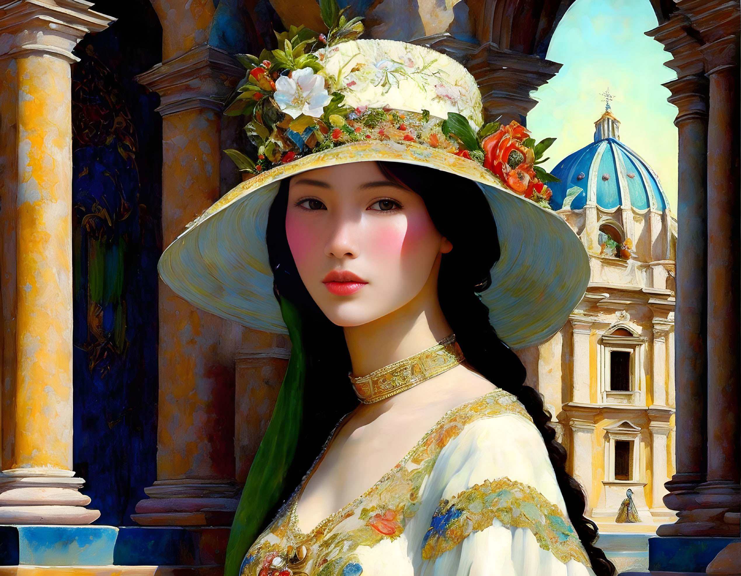 Vintage floral hat woman painting in front of classical architecture with blue dome