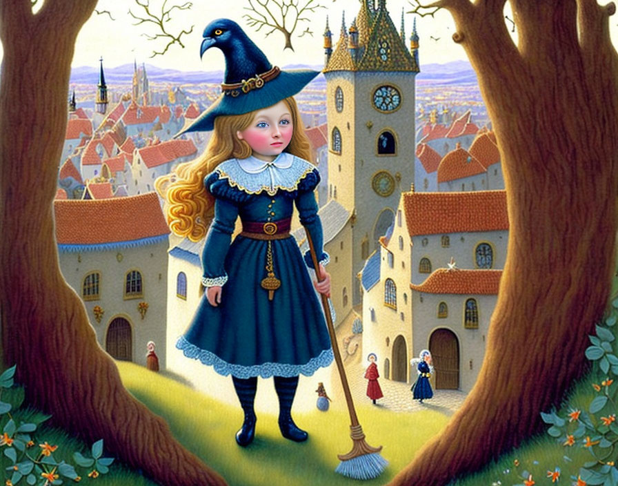 Illustration of girl with raven in blue dress in town setting