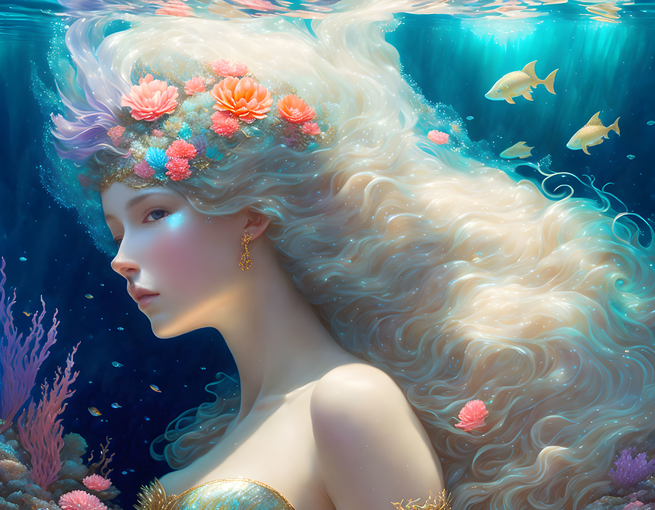 Woman underwater with flowing hair, coral headpiece, and fish - surreal and serene ambiance