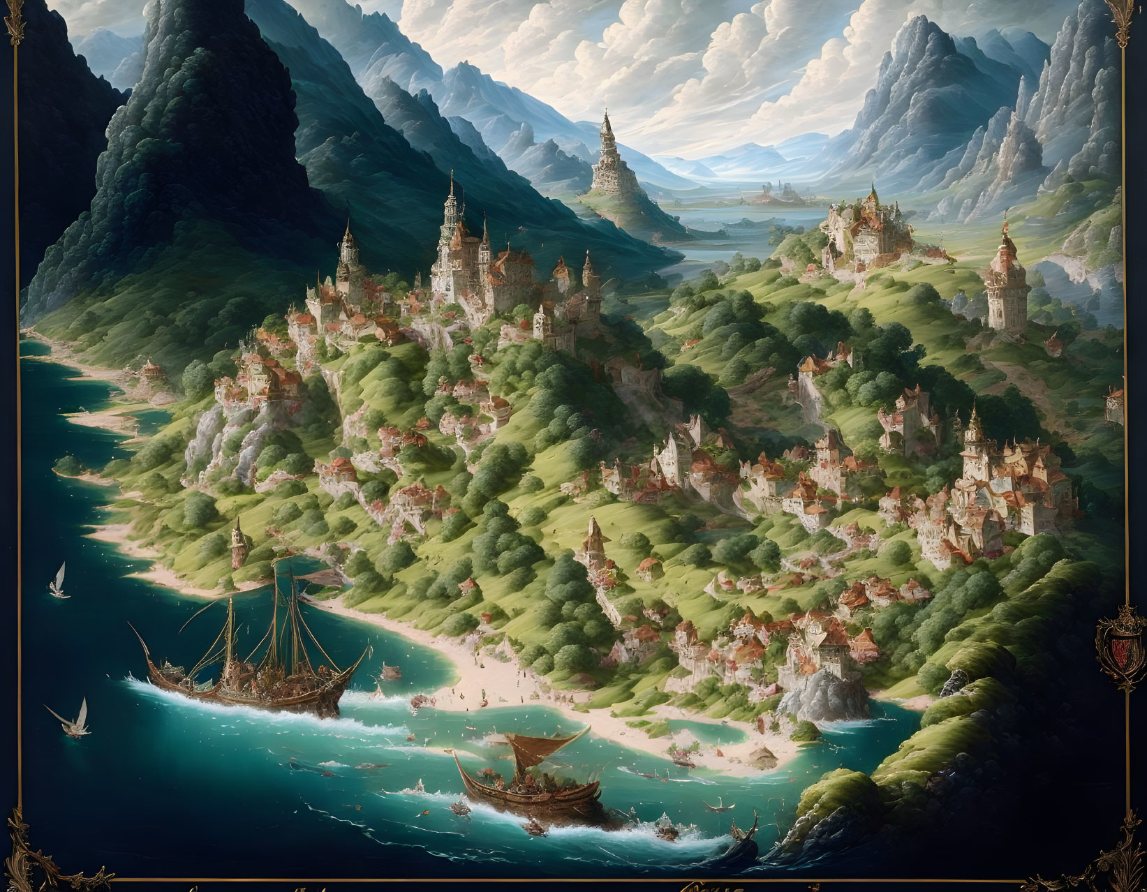 Fantasy landscape with green peninsula, castles, ships, mountains, dramatic sky